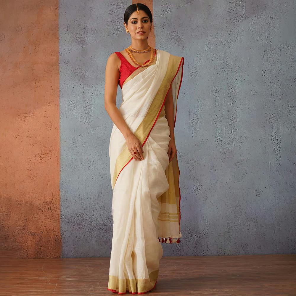 Gotitli Off White Handloom Linen Saree with Unstitched Blouse & Gold Zari Pallu