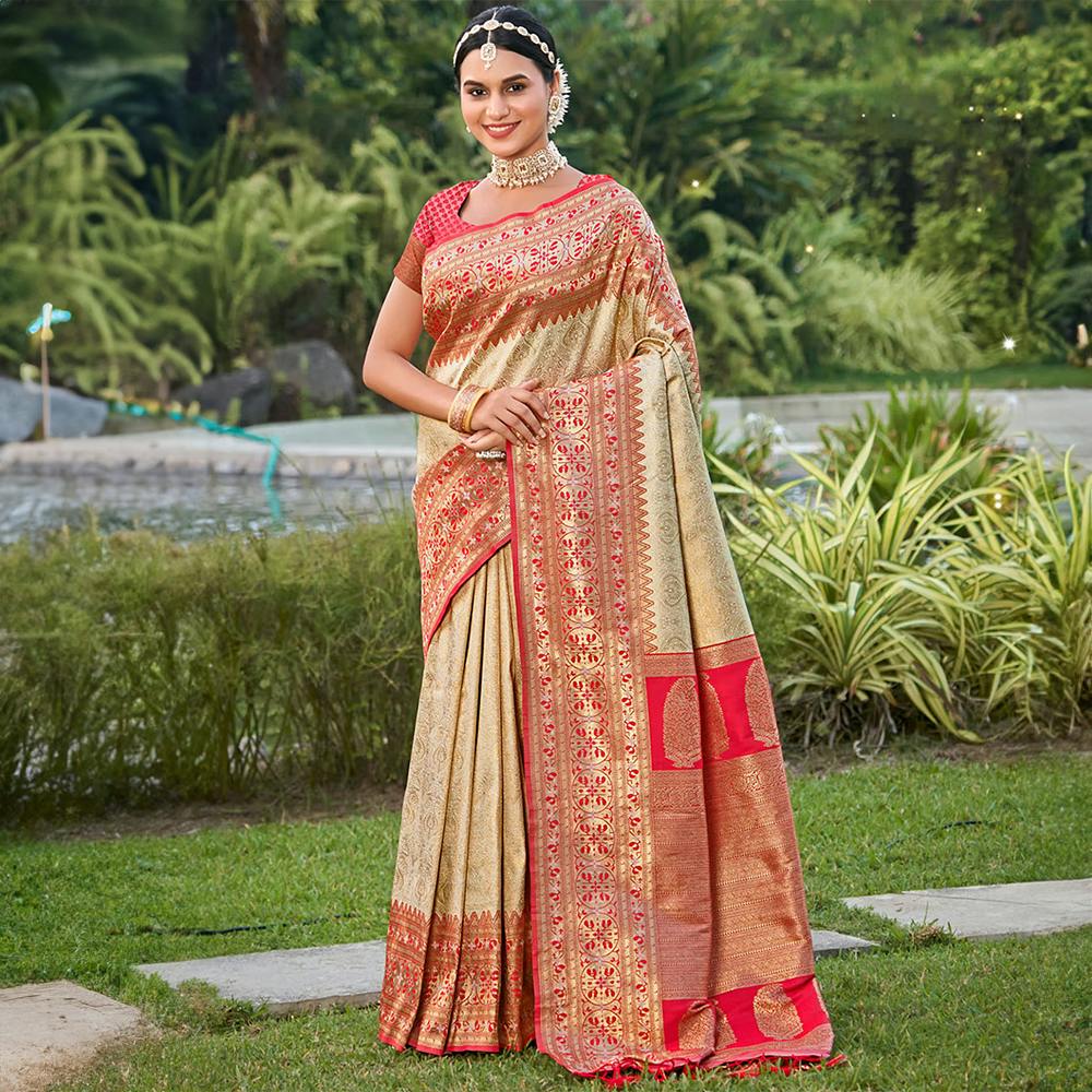 Sangam Prints Cream Kanjivaram Silk Woven Work Traditional Tassels Saree with Unstitched Blouse