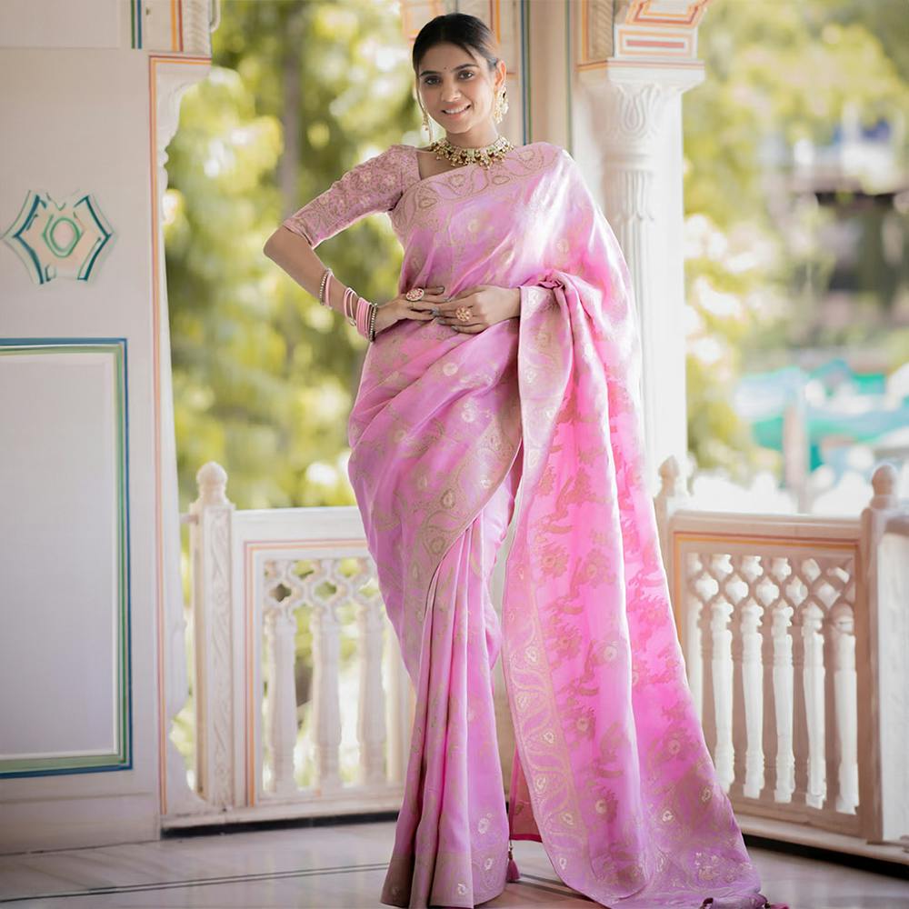 Zilikaa Baby Pink Banarasi Uppada Silk Saree with Unstitched Blouse