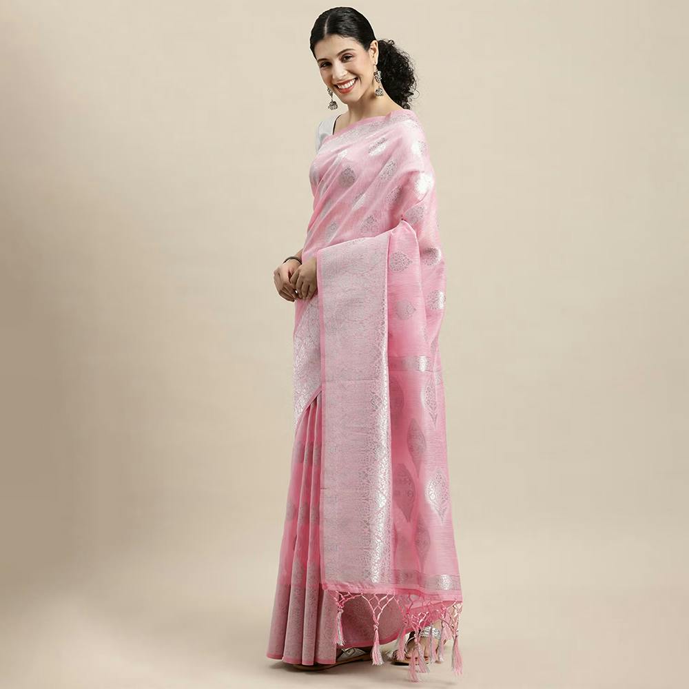 Sangam Prints Pink Linen Silver Zari Work Tassle Saree with Unstitched Blouse with Unstitched