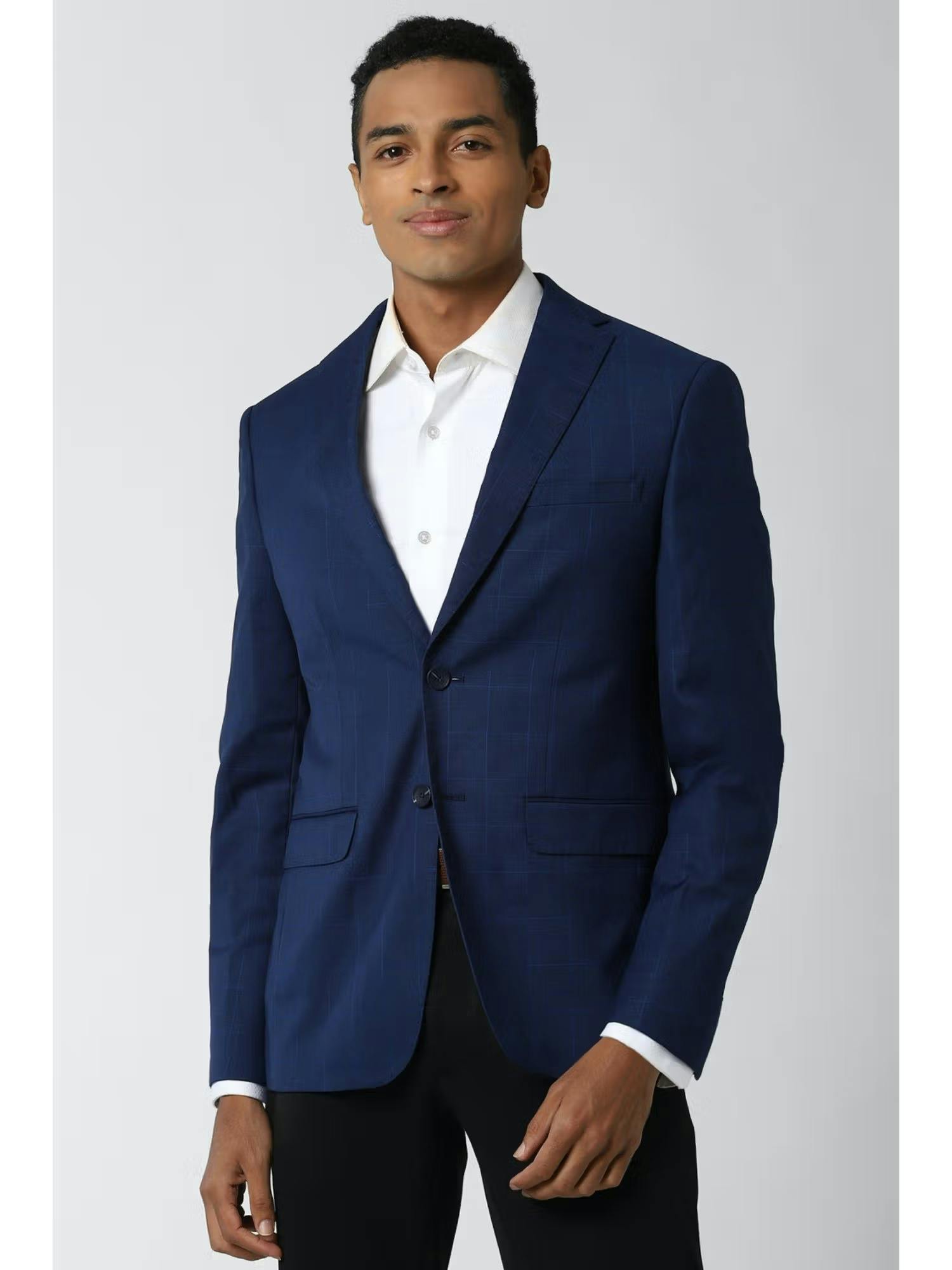 Men Navy Check Slim Fit Formal Blazer