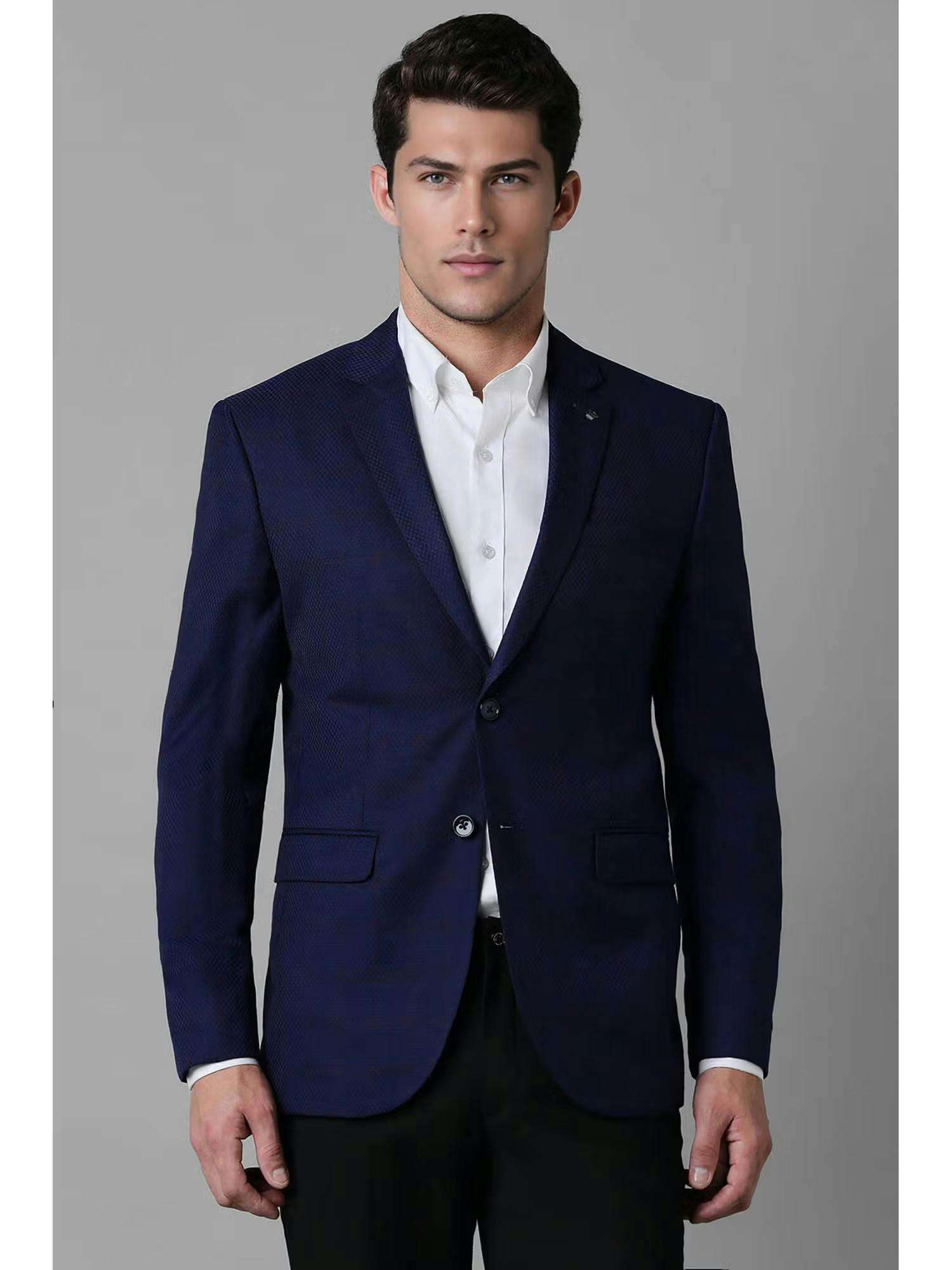 Men Navy Blue Slim Fit Self Design Full Sleeves Blazer