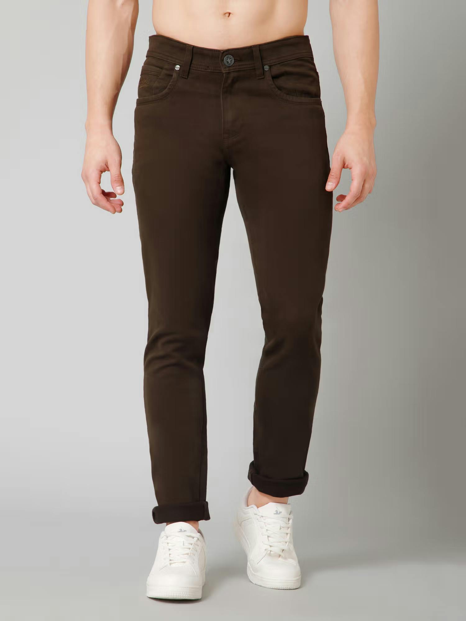 Mens Dark Brown Solid Casual Trousers