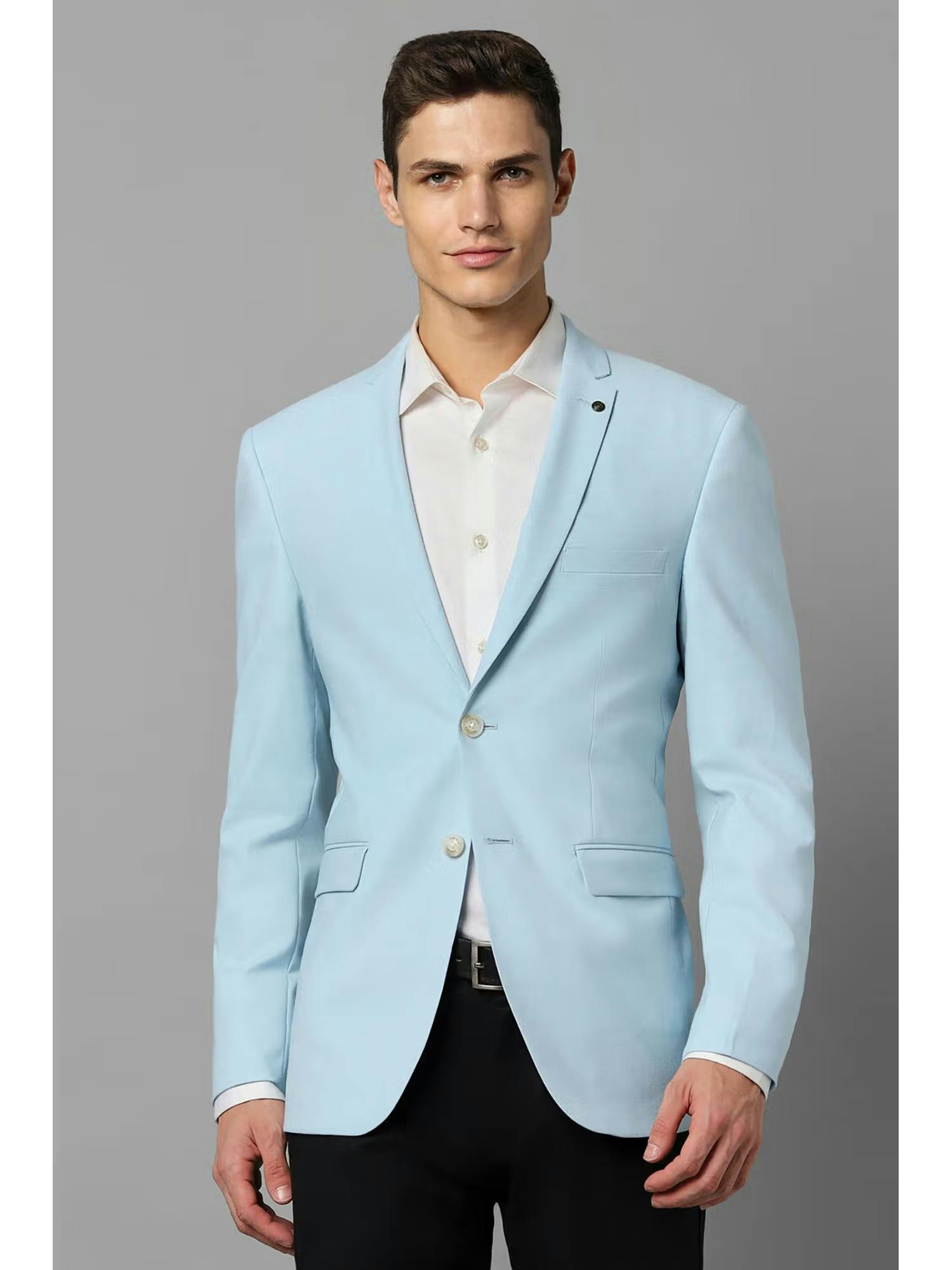 Allen Solly Mens Light Blue Slim Fit Solid Formal Blazer