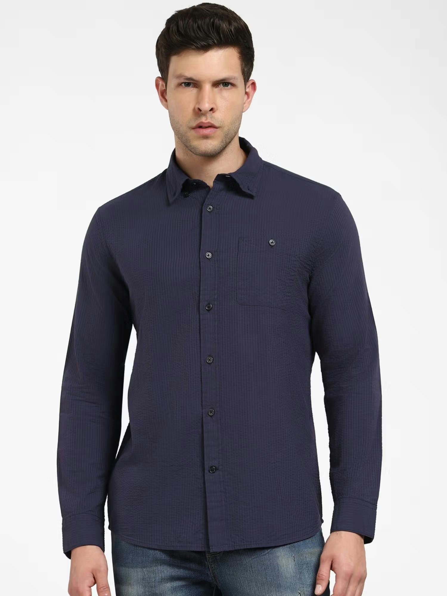 Dark Blue Striped Full Sleeves Shirt