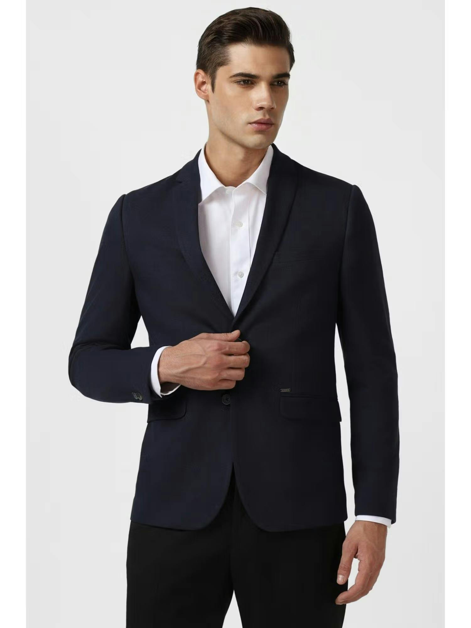 Van Heusen Mens Navy Blue Solid Slim Fit Formal Blazer