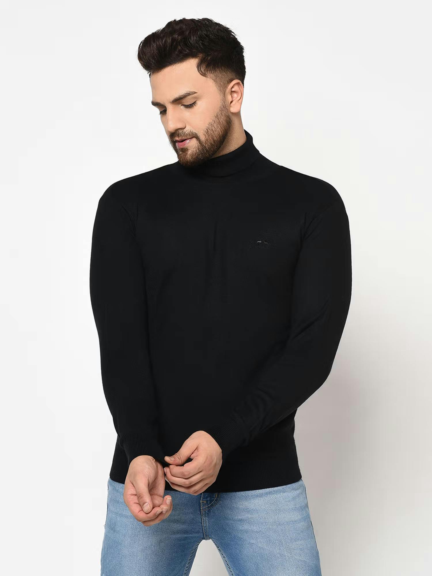 98 Degree North Black Solid High Neck Full Sleeve Sweater