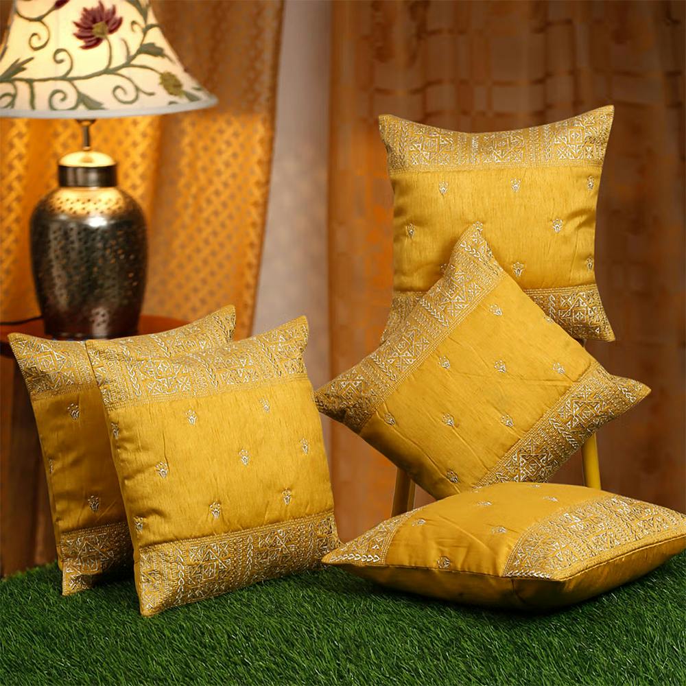 HOSTA HOMES Yellow & Silver-Toned 5 Pieces Embroidered Square Cushion Covers 16x16 inches