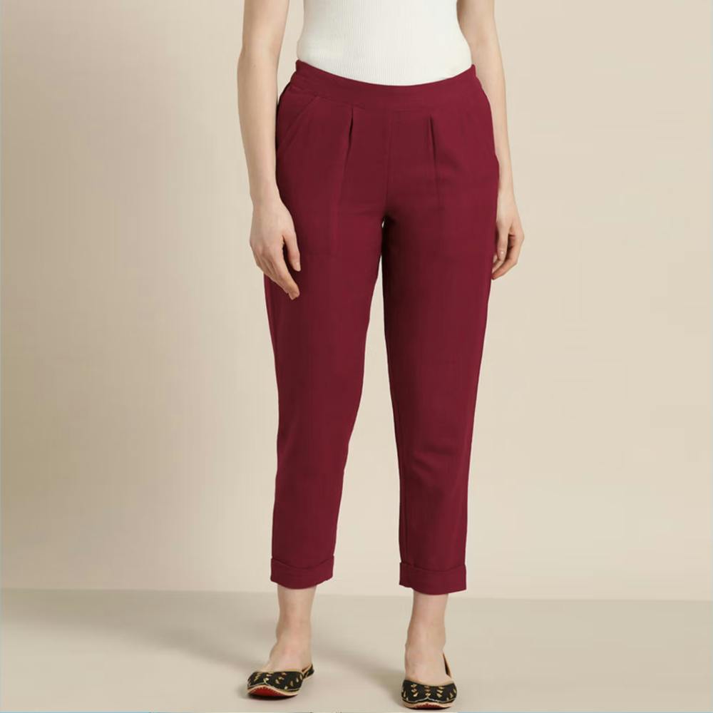 Maroon Cotton Slub Bottom-Fold Straight Pant