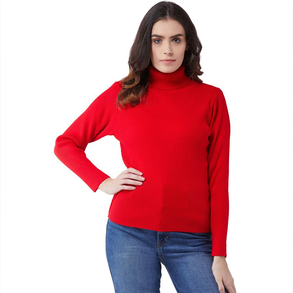 Women Red Ribbed Pullover Turtle Neck Sweater