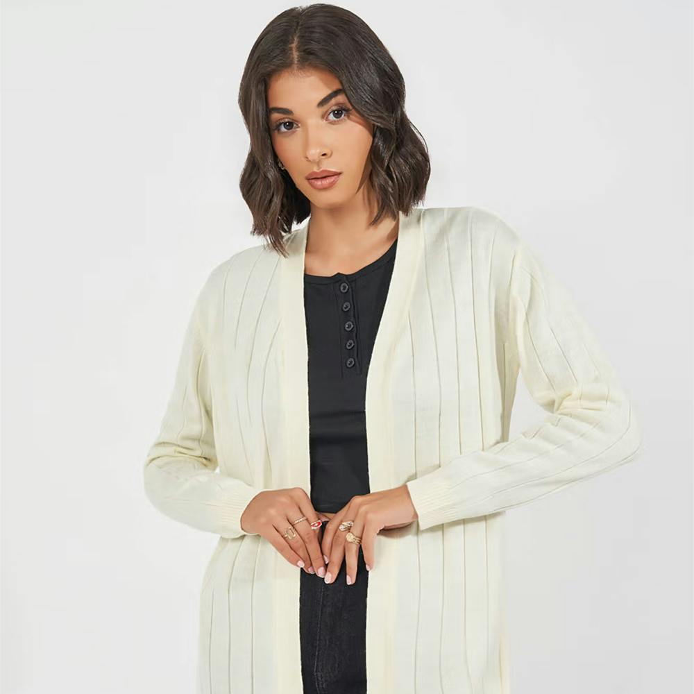 Women Off White Solid Longline Open Cardigan