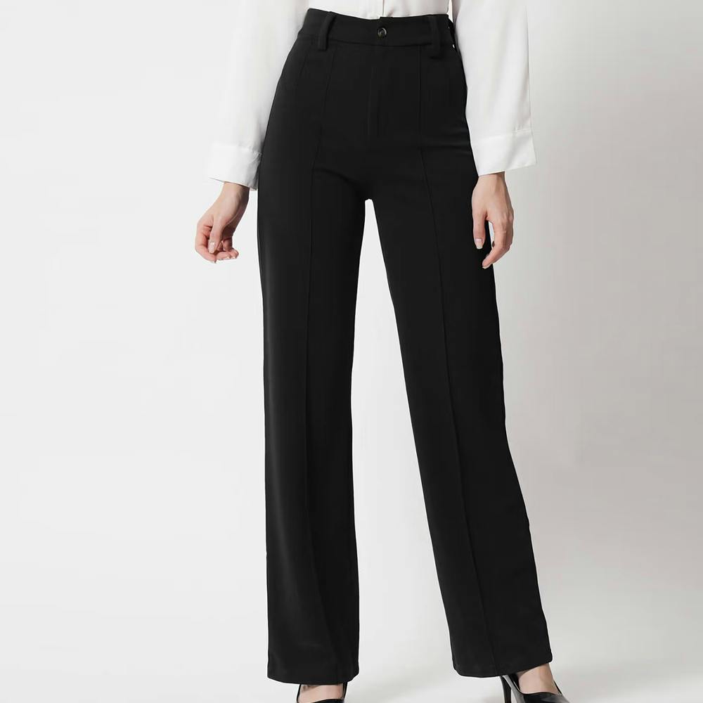 Women Regular Fit Viscose Rayon Solid Trousers Black