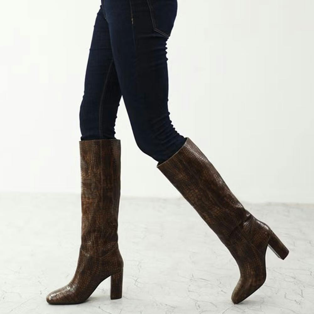 Women Brown Stretch Suede Leather Knee High Boots