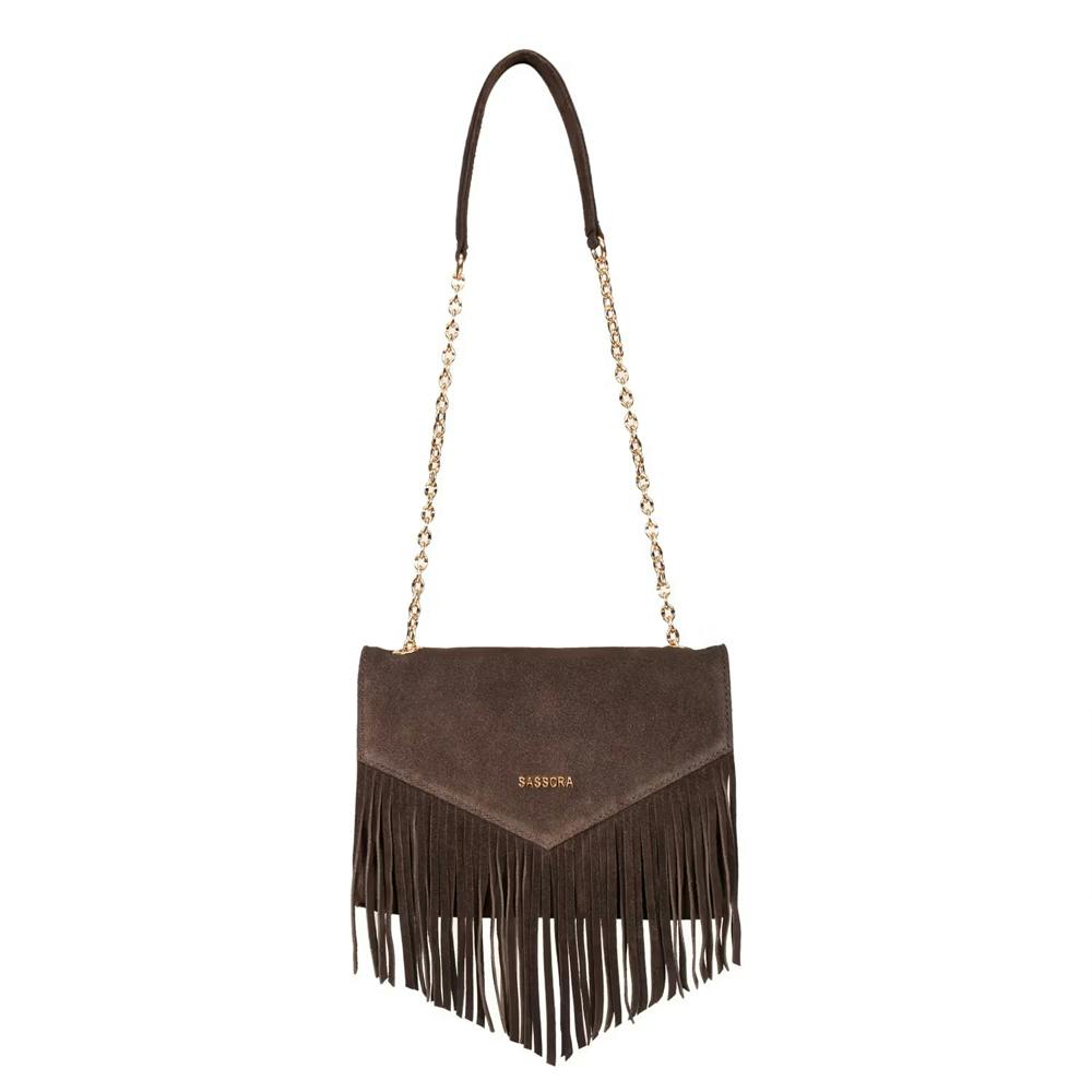 Genuine Leather Suede Fringe Sling Bag - Brown