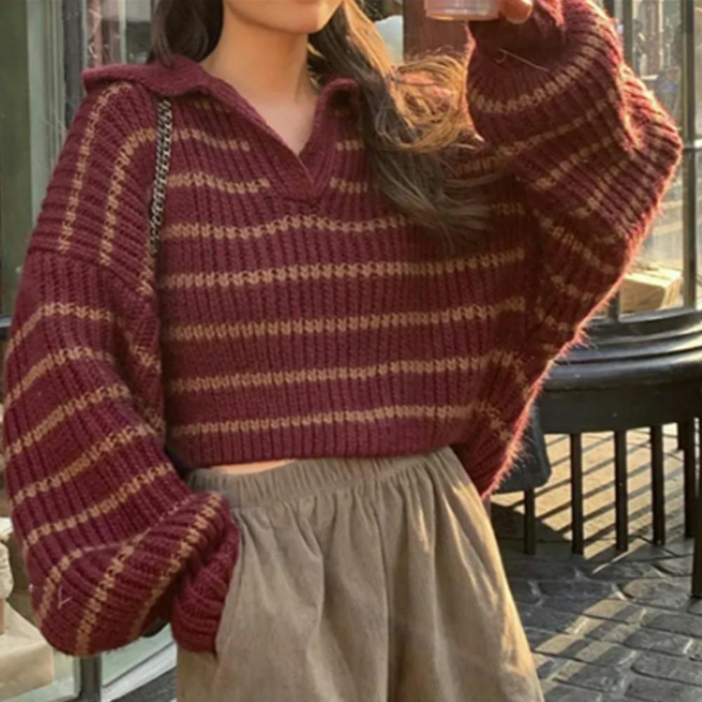 Maroon Striped Relaxed Cropped Sweater