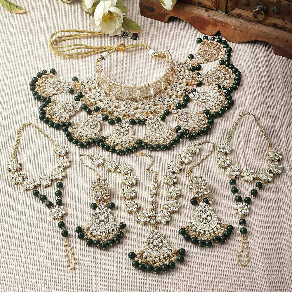 Karatcart Gold-Plated Green Beads Studded Handcrafted Kundan Bridal Jewellery Set (Set of 4)