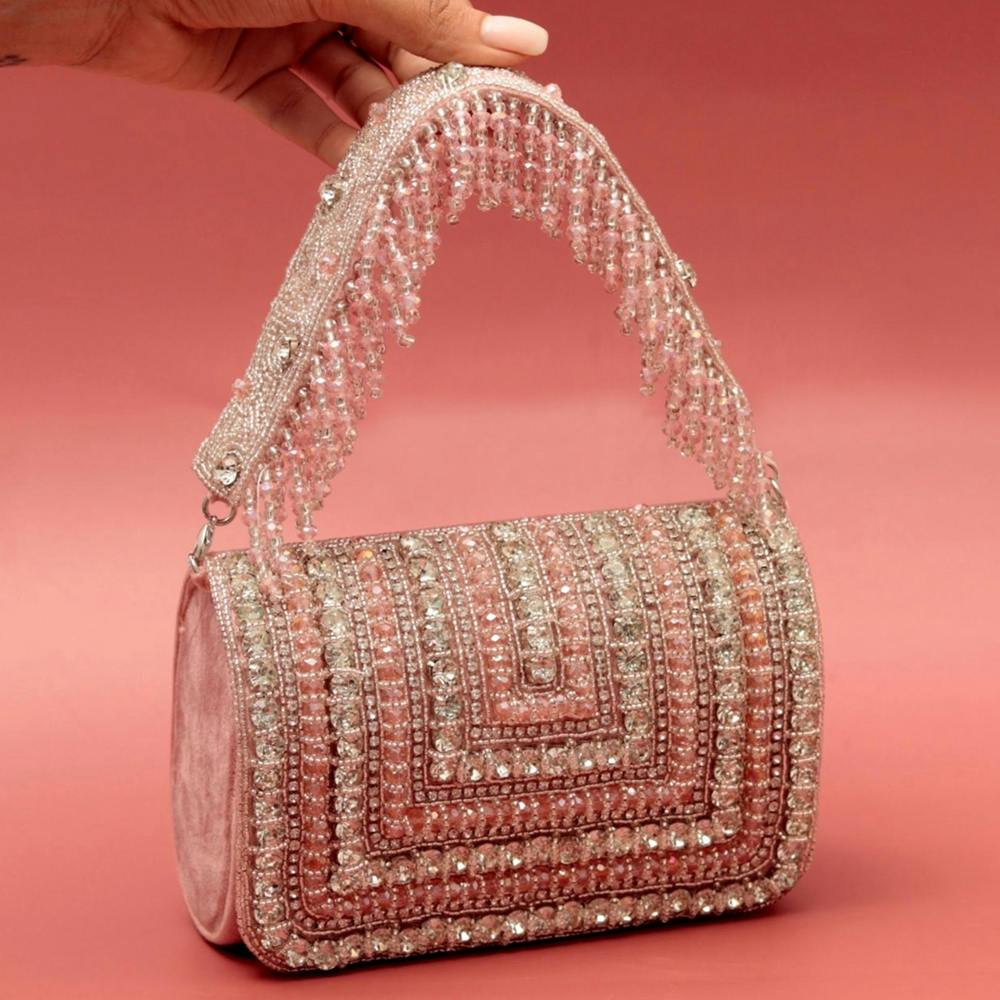 The Tan Clan Pink Embellished Clutch Bag with Detachable Handle