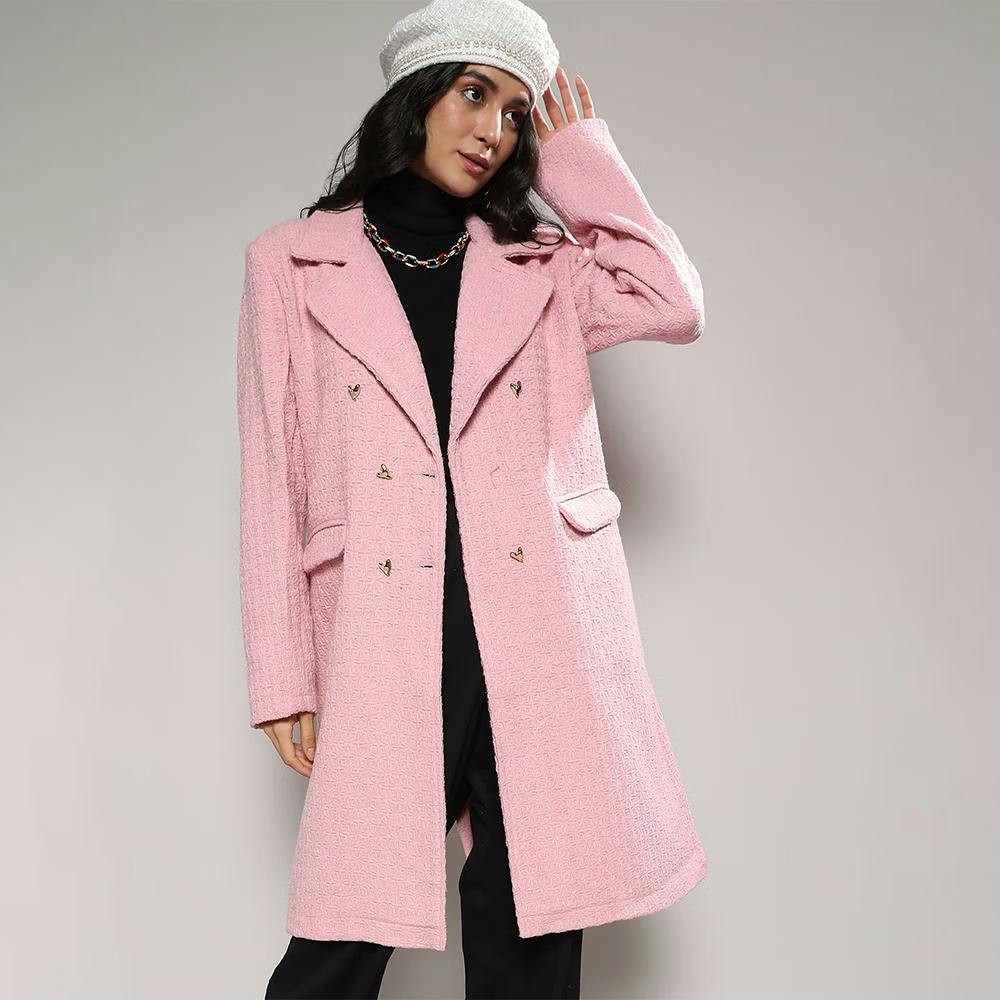 Women Blush Pink Double-Breasted Self-Design Long Coat