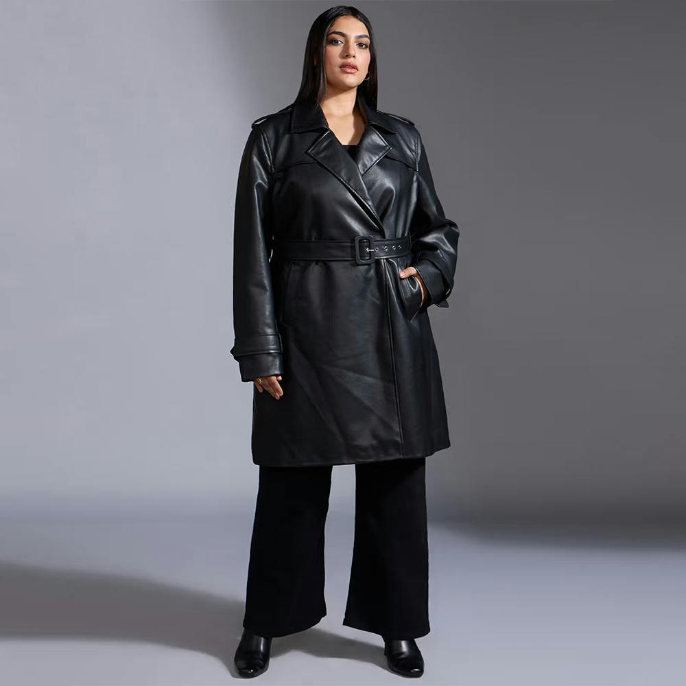 Curve Black Solid Long Leather Overcoat with Belt (Set of 2)