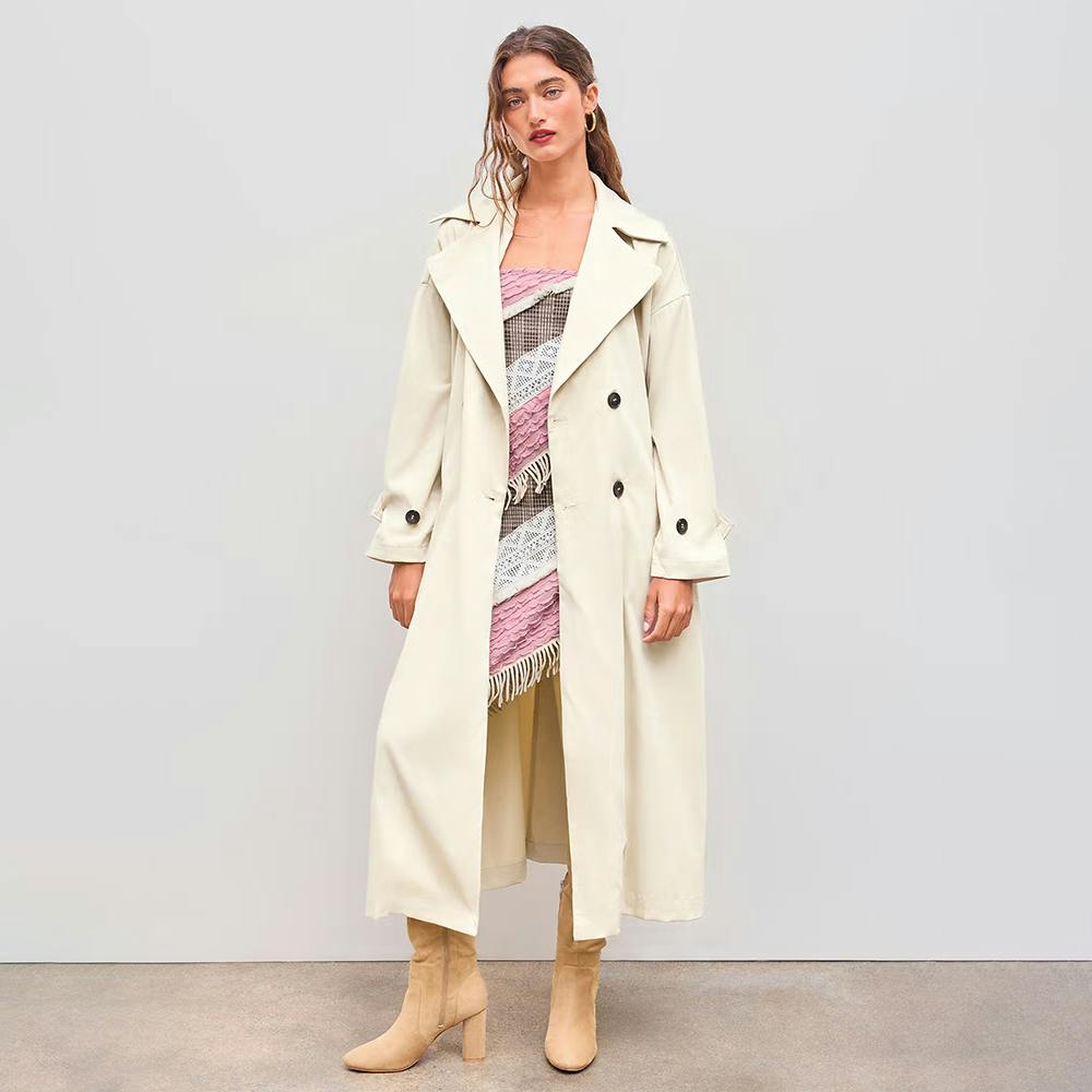 Oversized Solid Collar Long Trench Coat With Belt