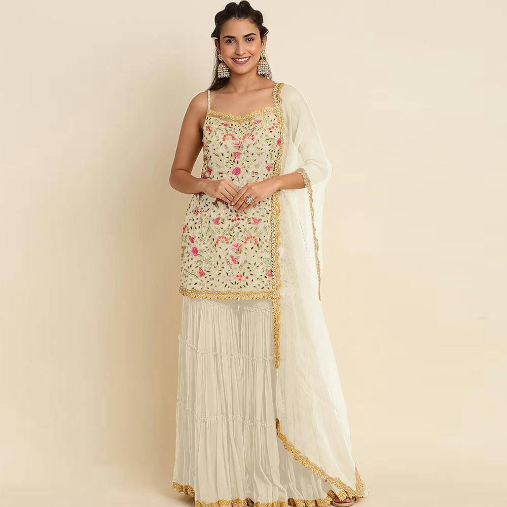 Gahan Georgette Heavy Floral Embroidered Semi-Stitched Off White Sharara with Dupatta (Set Of 3)