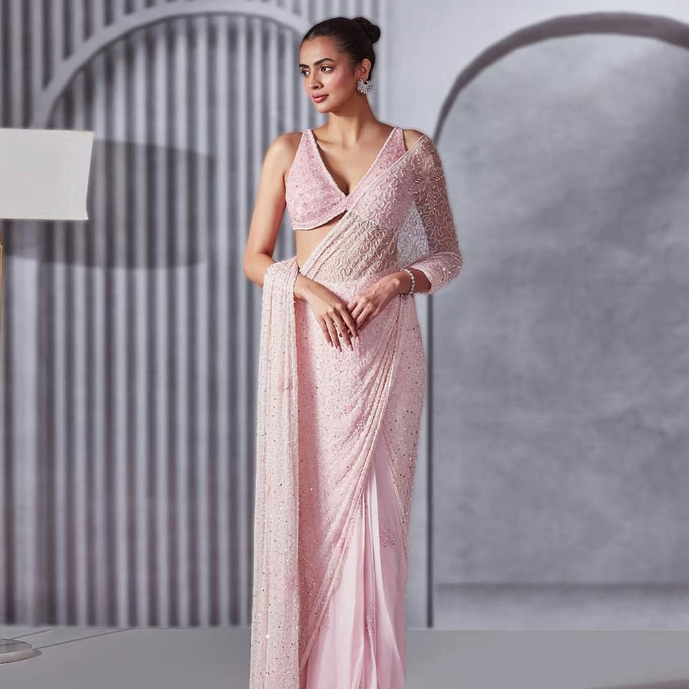 Pritika Vora Pastel Pink Pre Draped Saree with Blouse with Stitched