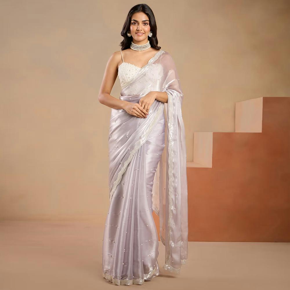 Gajra Gang Grey Pearl Embroidery Scallop Border Saree GGSAR27