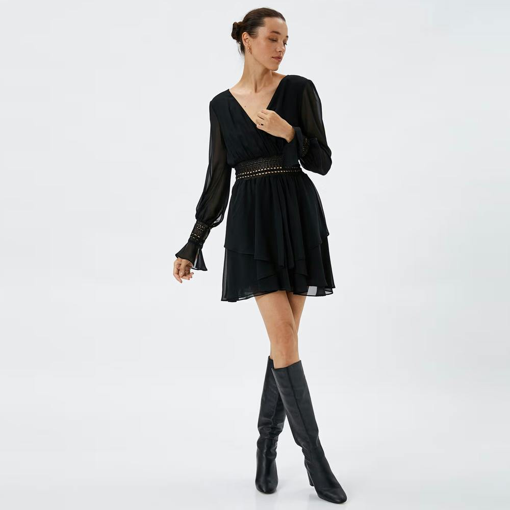 Koton Double Mini Dress Lace Detailed Long Sleeve Loose Fit