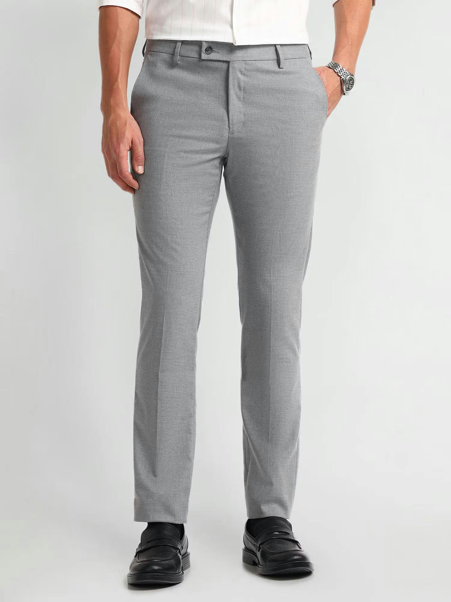 Self Design Grey Polyester Trousers For Men