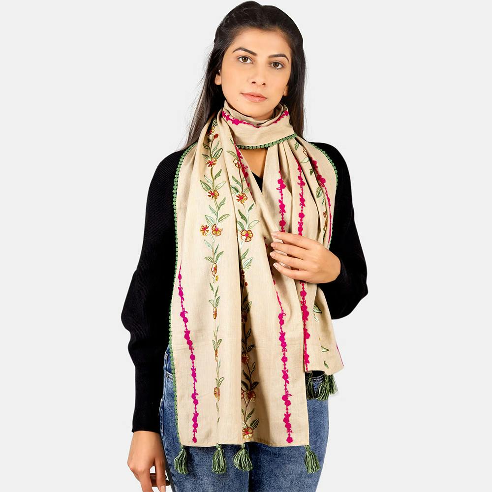 Mesmora Beige Pink Olive Flower Embroidered Khadi Stole