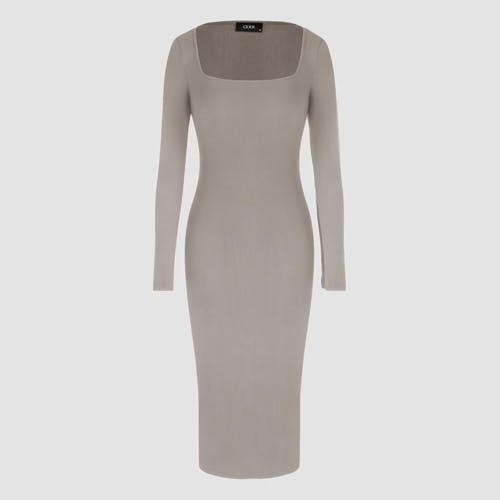 Cider Grey Solid Square Neck Long Sleeve Midi Dress