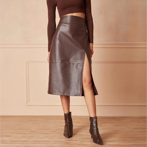 RSVP by Nykaa Fashion Dark Brown Solid Faux Leather Midi Slit Skirt