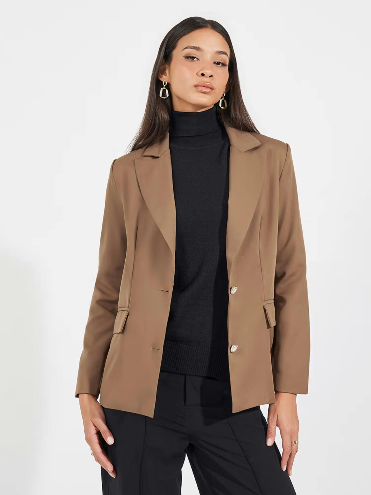 Brown Regular Fit Longline Single Breasted Blazer