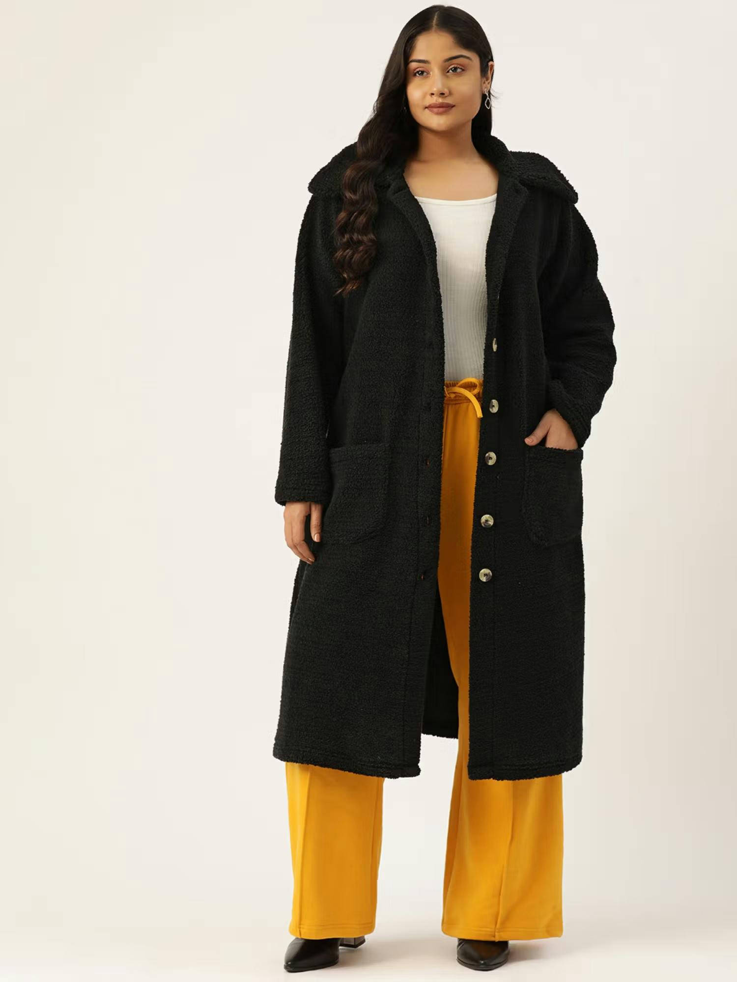 Black Solid Color Longline Tailored Overcoat