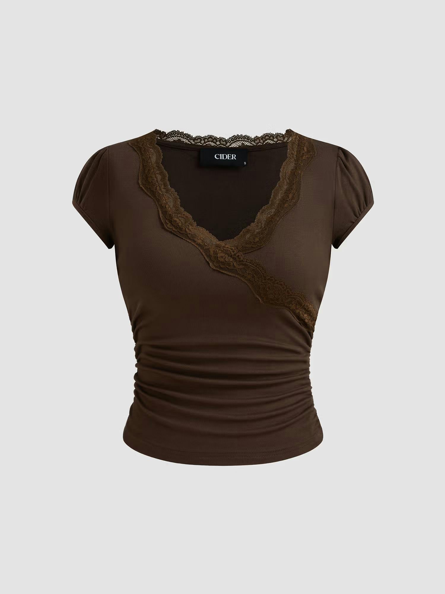 V Neck Solid Lace Trim Ruched Short Sleeve Tee