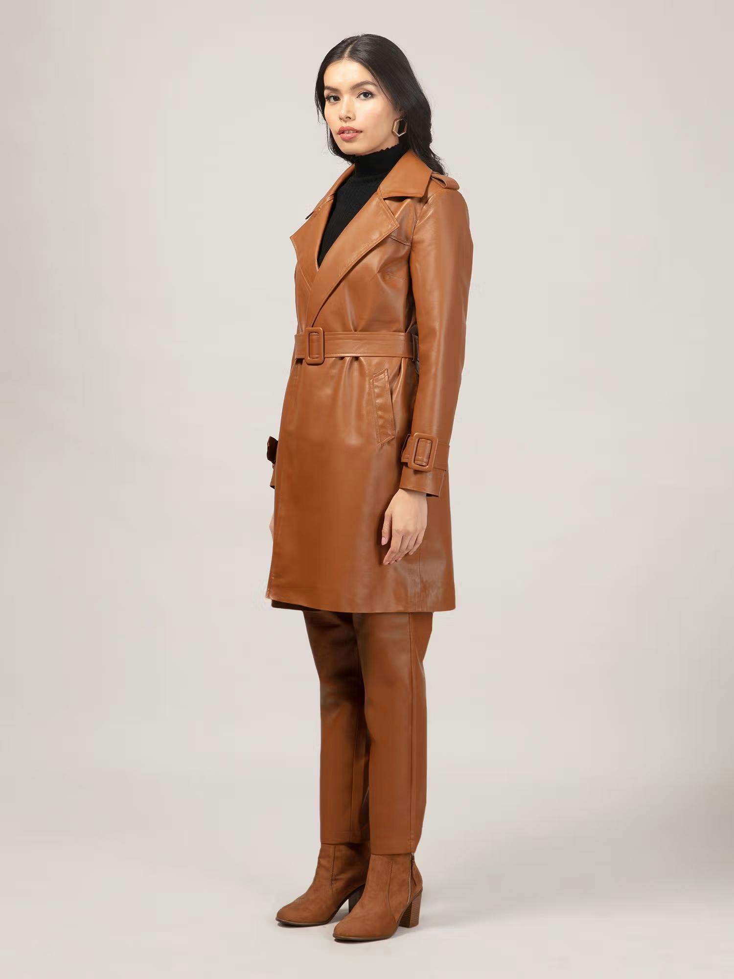 Brown Solid Knee Length Faux Leather Overcoat