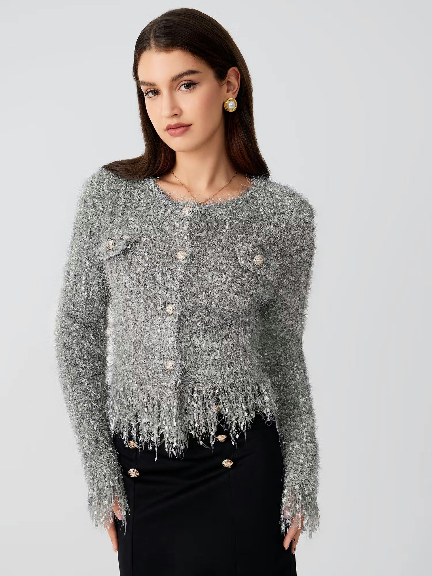 Fuzzy Round Neck Long Sleeve Cardigan