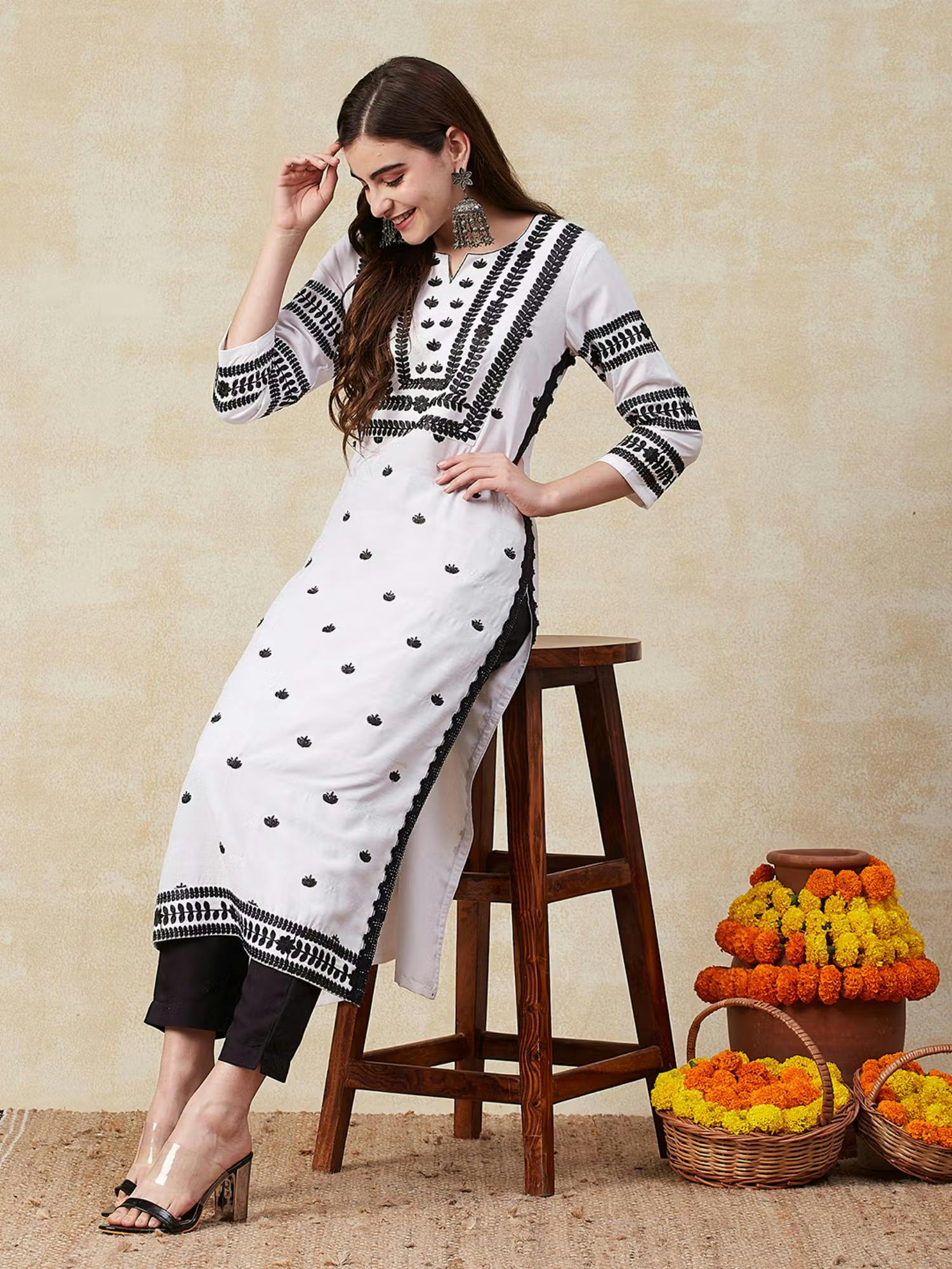 Cotton Blend Abstract Embroidered Straight Black White Kurti