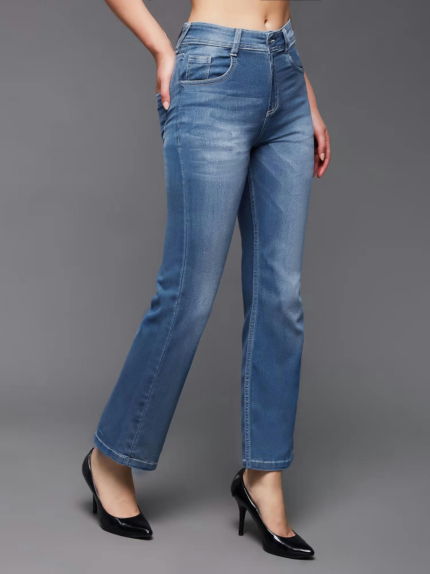 Women's Light Blue Wide-Leg Mid Rise Blast Effect Light Weight Denim Jeans