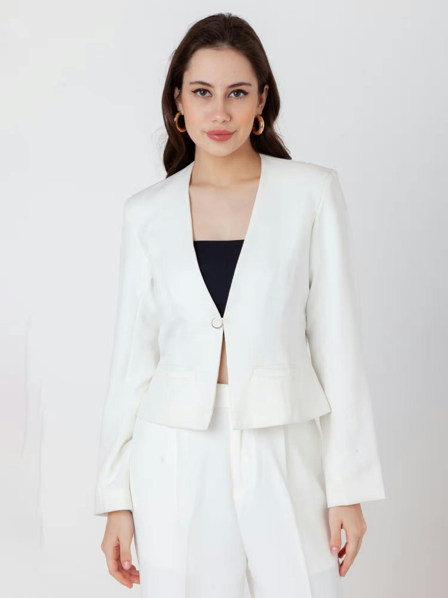 Zink London White Solid Fitted Blazer